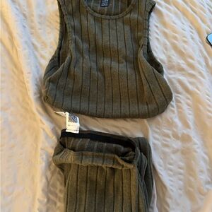 Green Ribbed Sleeveless Top and long skirt Set